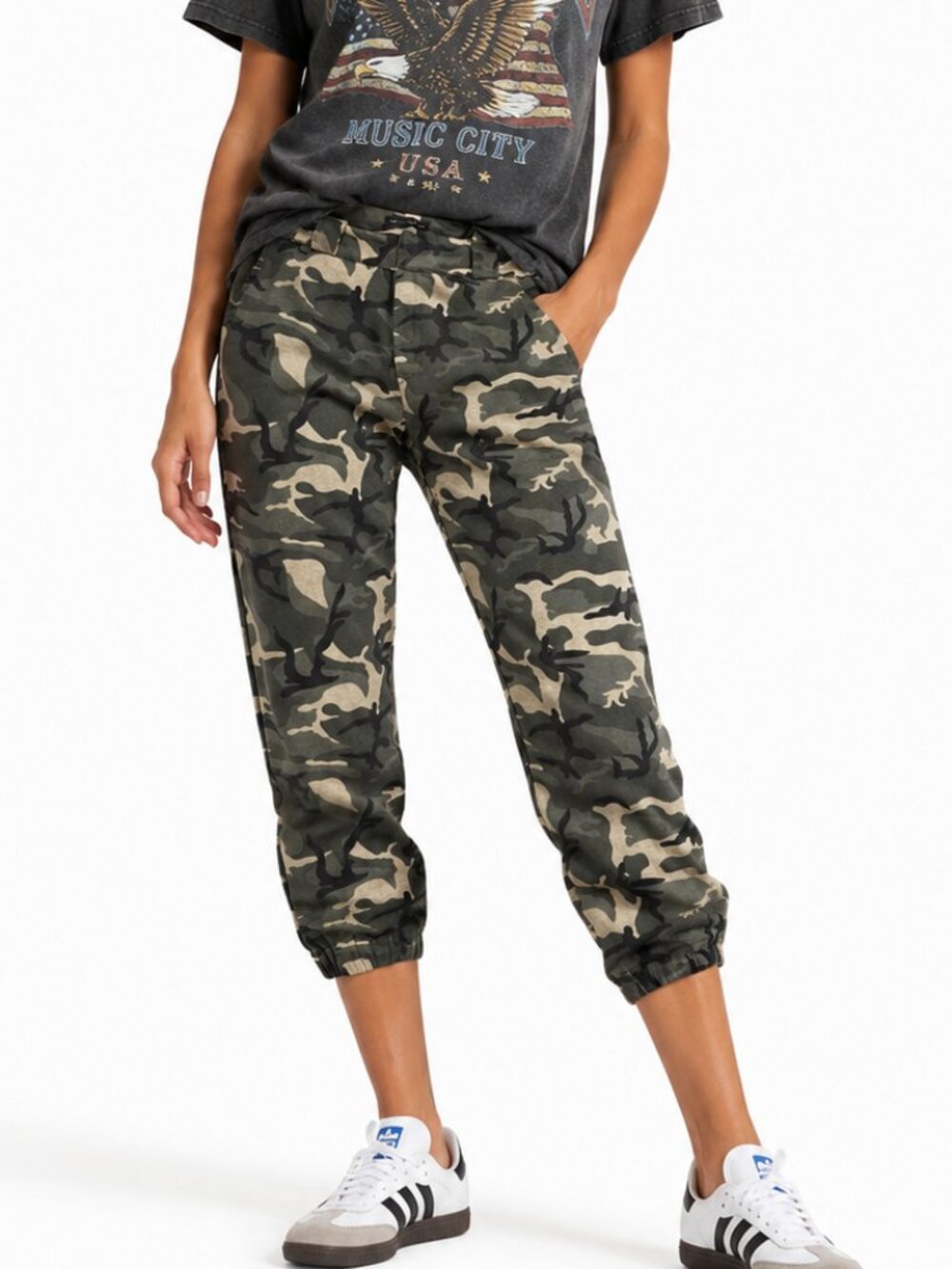 Shinestar Camo Camouflage Green Army Pants Capri Joggers Casual Cargo LARGE